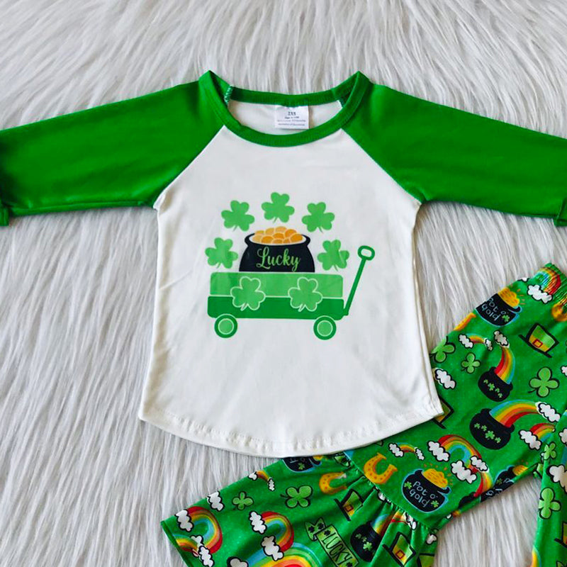 St. Patrick's Day Girls Clothing Spring Green Cartoon Rainbow Fashion Baby Girls Clothes 6 B10-1