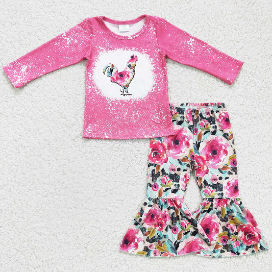 New Design Baby Girl Clothes Flower Chicken Print Girls Bell Bottom Outfits GLP0110