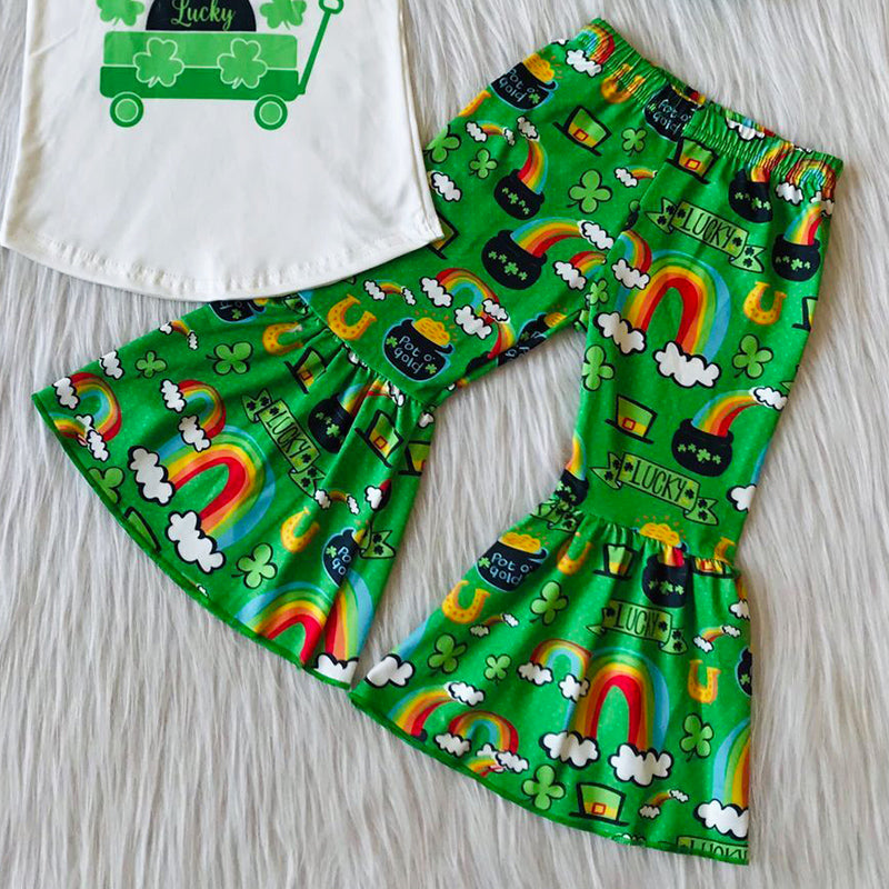 St. Patrick's Day Girls Clothing Spring Green Cartoon Rainbow Fashion Baby Girls Clothes 6 B10-1