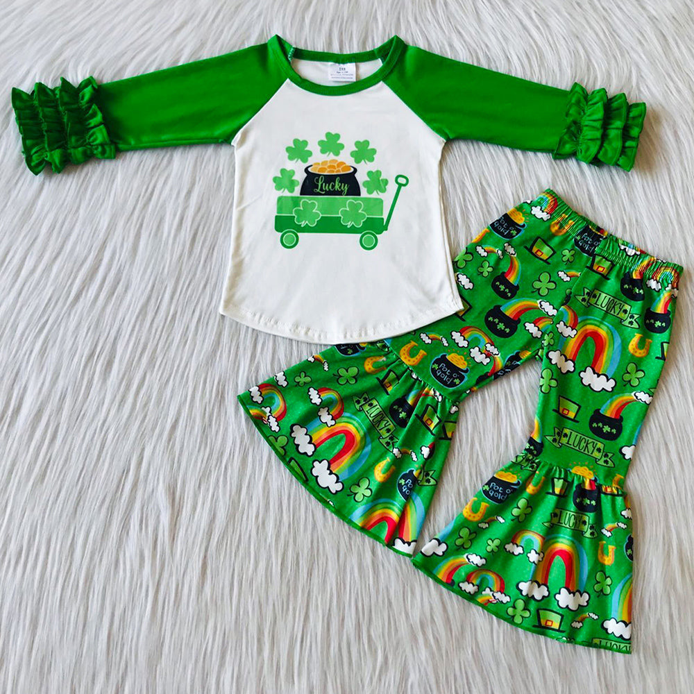 St. Patrick's Day Girls Clothing Spring Green Cartoon Rainbow Fashion Baby Girls Clothes 6 B10-1