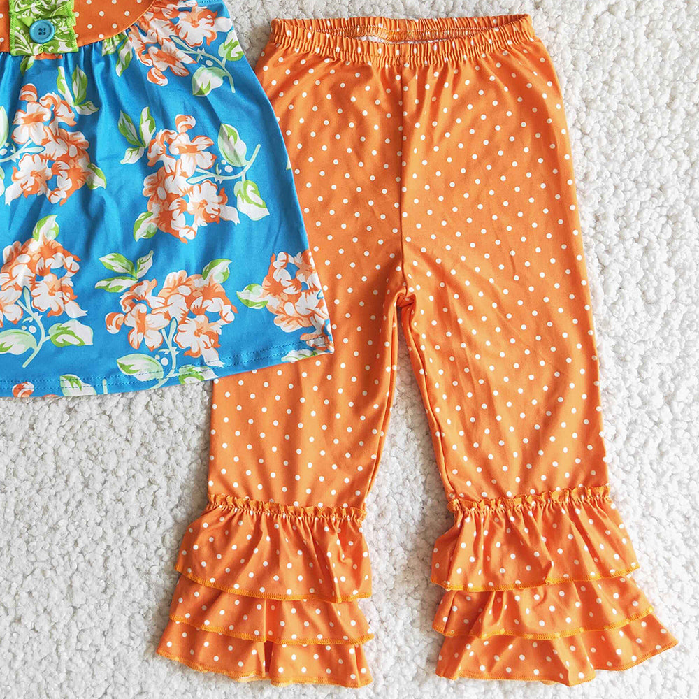 Fashion Baby Girls Boutique Clothing Flower print Short Sleeve Ruffle Pants Kids Outfits Toddler Girl Clothes Wholesale