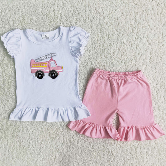 Fashion Baby Girls Clothes Fire Truck Embroidery Kids Sibling Clothing Boys Summer Outfits B3-4