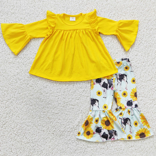 Wholesale Baby Girl Clothes Cow Sunflower Print Boutique Girls Bell Bottom Outfits GLP0374