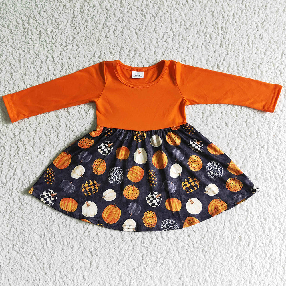 Boutique Baby Girls Dress Long Sleeve Punpkin Print Halloween Girl Dress GLD0011