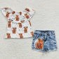 New Fashion Baby Girls Clothes Cow Print Short Sleeve Denim Shorts Set GSSO0186