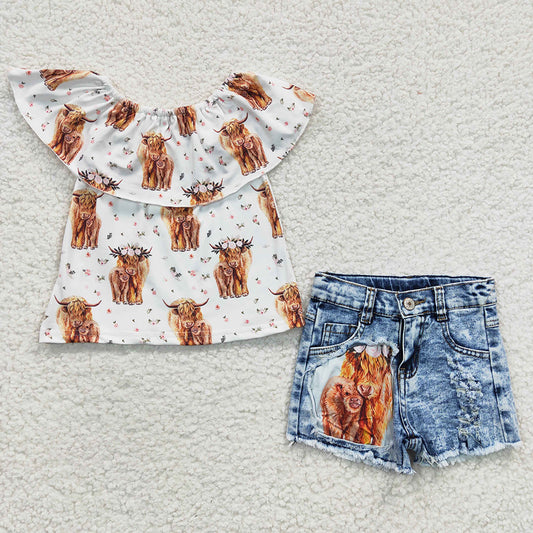 New Fashion Baby Girls Clothes Cow Print Short Sleeve Denim Shorts Set GSSO0186