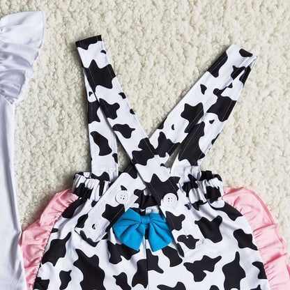 RTS Toddler Baby Girls Clothes Suspender Design Bow Boutique Girls Clothing Summer Outfit Farm Print Wholesale Children Clothes B15-24