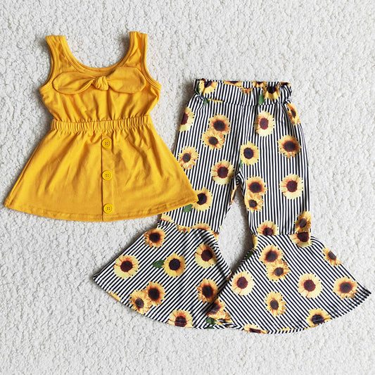 Fashion Baby Girl Clothes Sunflower Print Boutique Kids Clothes Girls Bell Bottom Outfits Cute Toddler Girl Clothes Wholesale C16-4