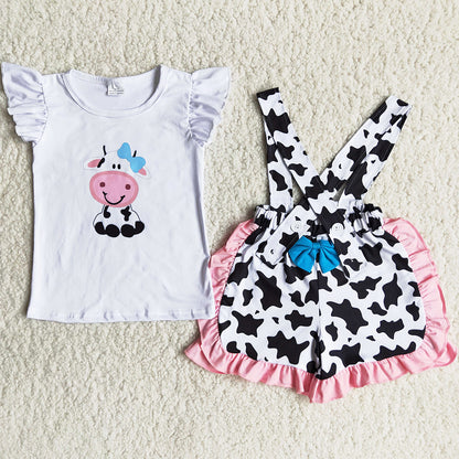 RTS Toddler Baby Girls Clothes Suspender Design Bow Boutique Girls Clothing Summer Outfit Farm Print Wholesale Children Clothes B15-24