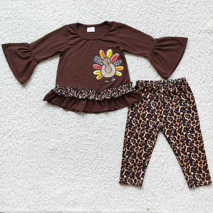 Thanksgiving Baby Girls Clothes Turkey Embroidery Boutique Kids Outfits 6 A8-12