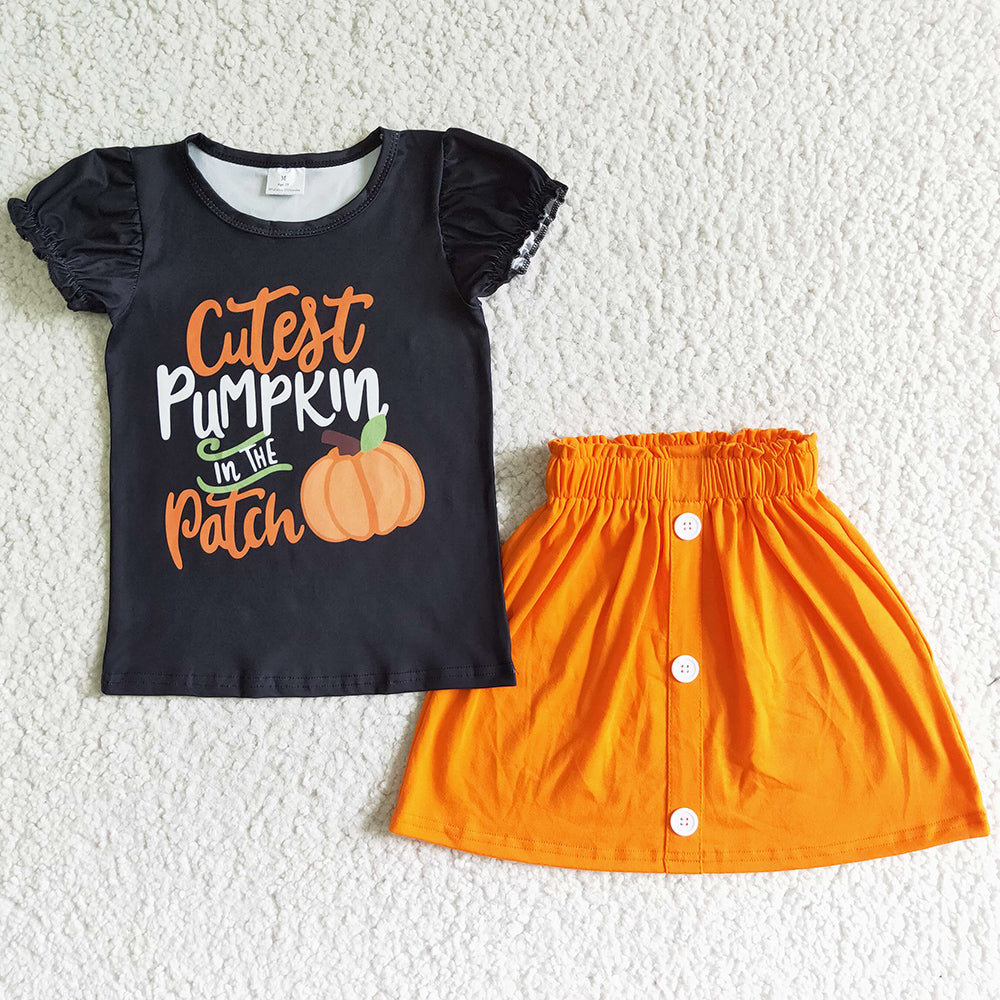 New Fashion Kids Clothes Girls Outfits Halloween Boutique Baby Girl Clothes Skirt Set Pumpkin Print GSD0106