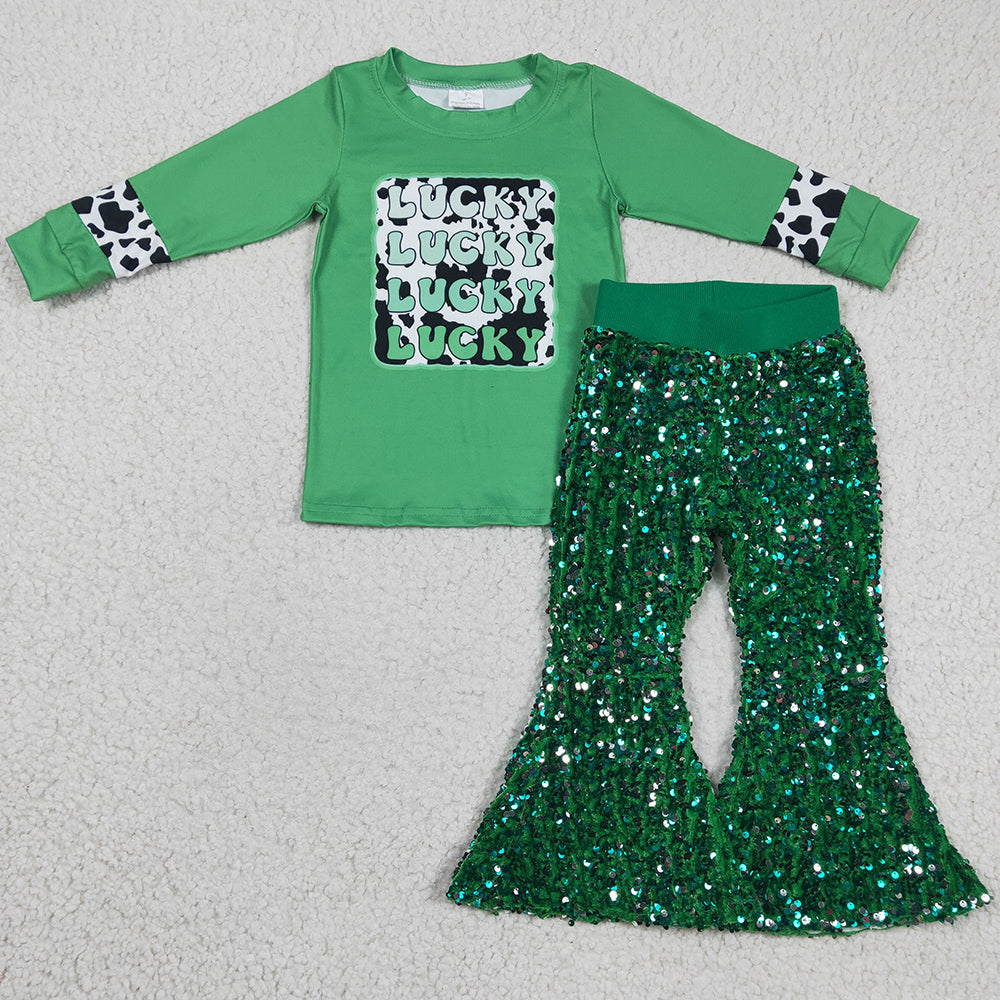 Hot Sale Baby Girls Clothes Long Sleeve T-shirt with Sequins Bell Pants St. Patrick's Day Outfit GT0081