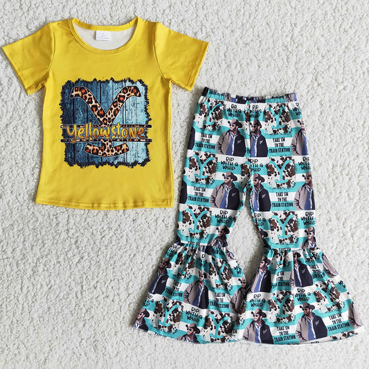 Fashion Baby Girl Designer Clothes Short Sleeve Bell Bottom Outfit Spring Kids Boutique Clothing Wholesale Baby Girl Clothes Set B1-17