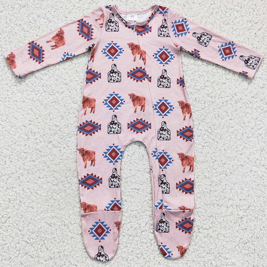 Weatern Style Baby Girls Romper Zipper Design Cow Print Boutique Girls Footie Rompers LR0224