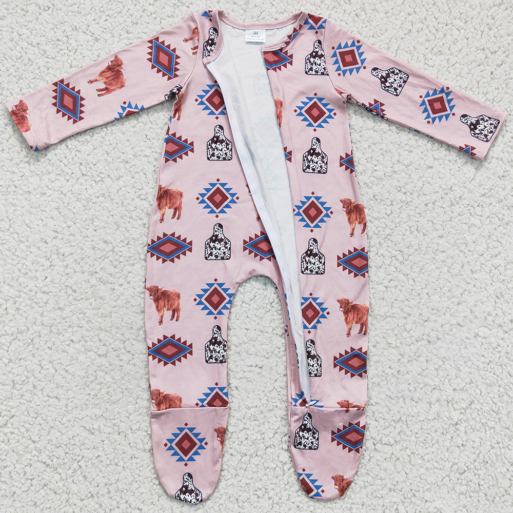 Weatern Style Baby Girls Romper Zipper Design Cow Print Boutique Girls Footie Rompers LR0224