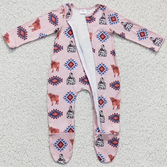 Weatern Style Baby Girls Romper Zipper Design Cow Print Boutique Girls Footie Rompers LR0224