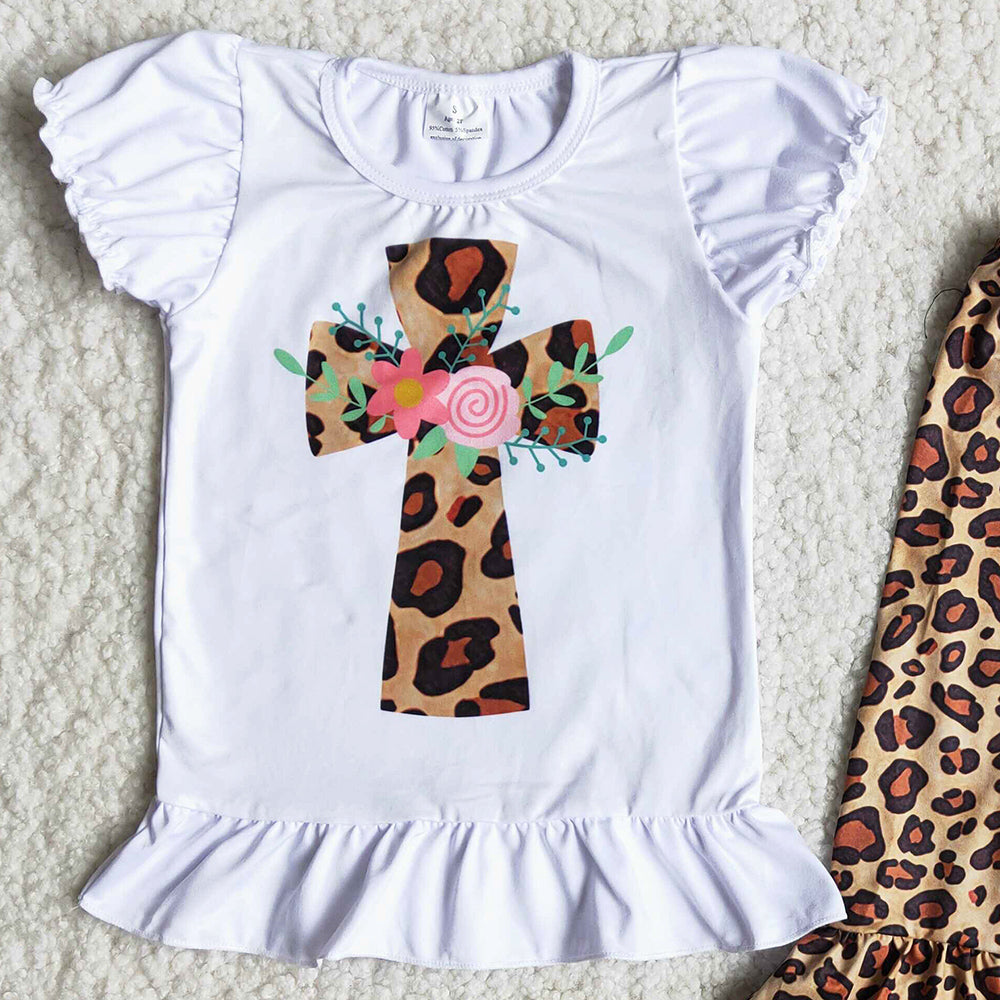 Hot Sale Baby Girl Clothes Easter Cross Cute Girls Clothing Bell Bottom Outfits Leopard Fashion Toddler Girl Cothes Set