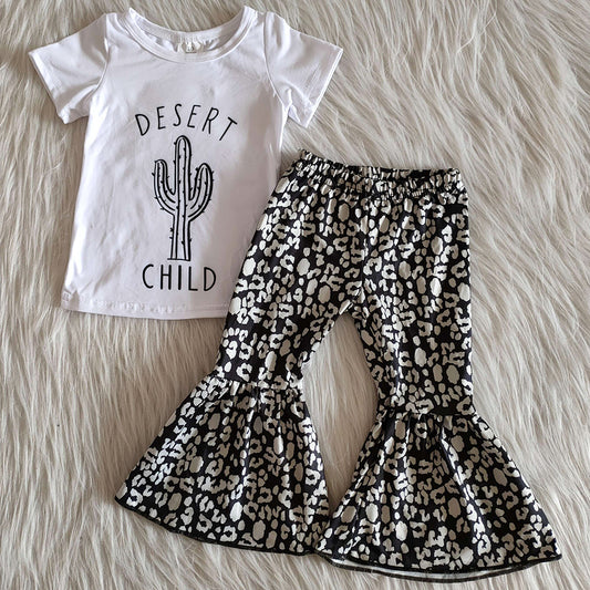 New Fashion Girl Clothes Cactus Printed Toddler Girls Clothes Short Sleeve Bell Bottom Outfits Wholesale