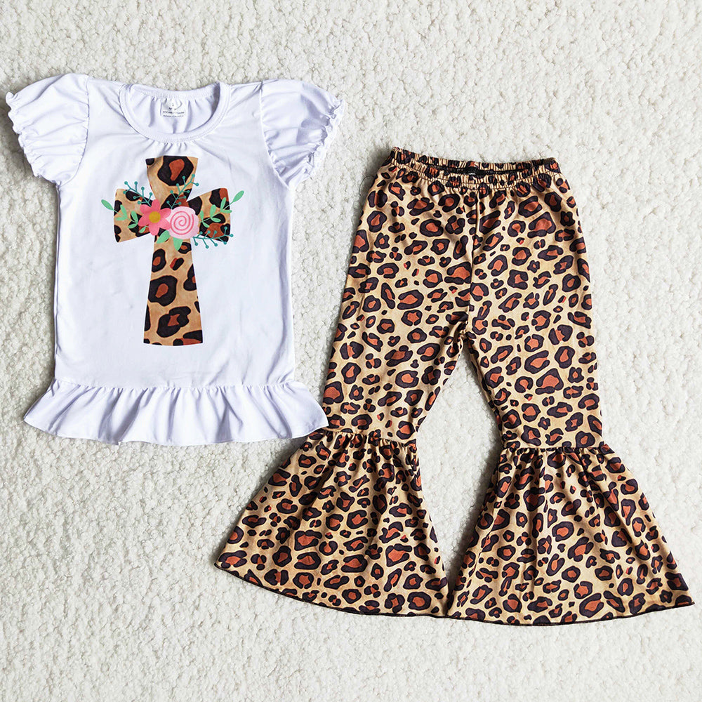 Hot Sale Baby Girl Clothes Easter Cross Cute Girls Clothing Bell Bottom Outfits Leopard Fashion Toddler Girl Cothes Set