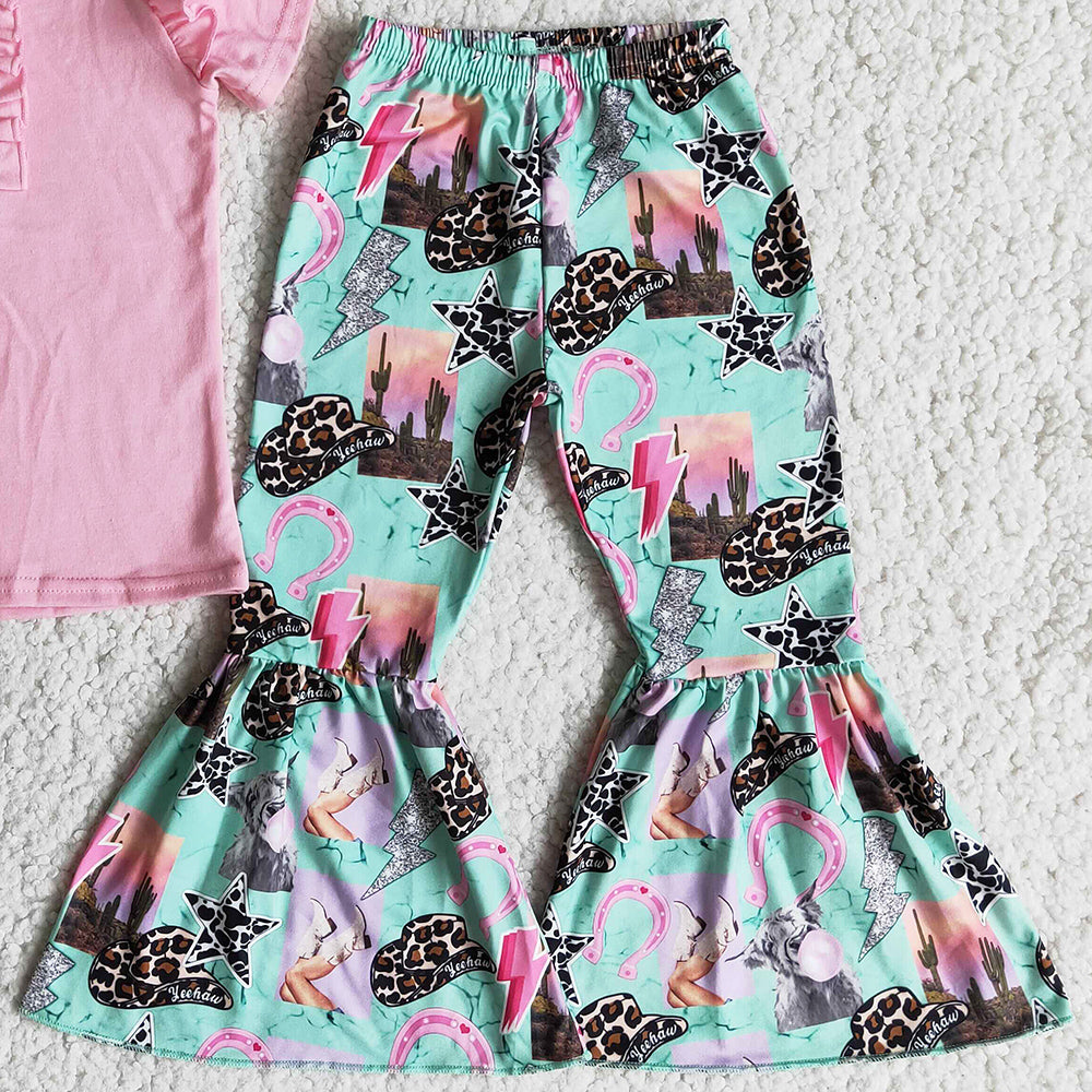 Baby Girl Clothes Western Style Fashion Toddler Girl Clothes Bell Bottom Outfits Short Sleeve Spring Girls Clothing Set B2-11