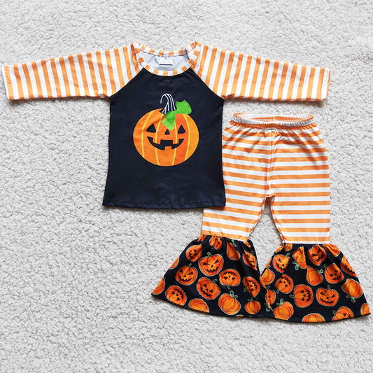 RTS Wholesale Baby Girls Clothes Pumpkin Print Halloween Boutique Girls Clothing Sets 6 C6-23