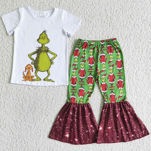 Cute Baby Girl Clothes Christmas Day Kids Boutique Clothing Girls Sequins Bell Bottom Pants Outfits A8-5