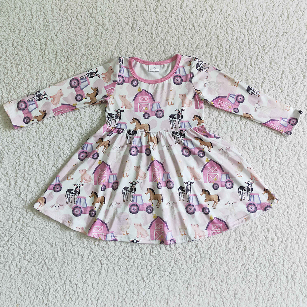 Farm Print Cute Girls Dress Long Sleeve Twirl Dresses GLD0030