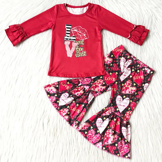 RTS Baby Girls Clothes Valentine's Day Love Girls Bell Bottom Outfits 6 A2-14