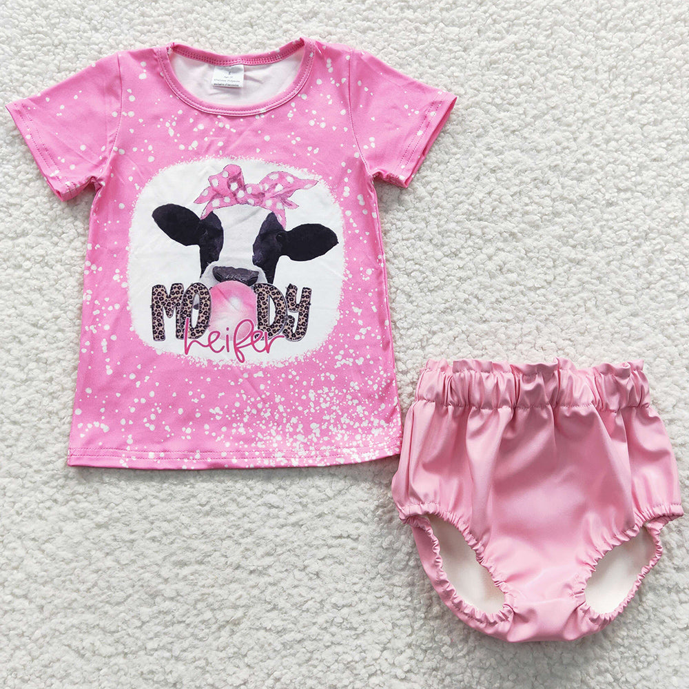 Summer Baby Girls Clothes Moody Heifer Pink Pleather Bummie Sets GBO0151