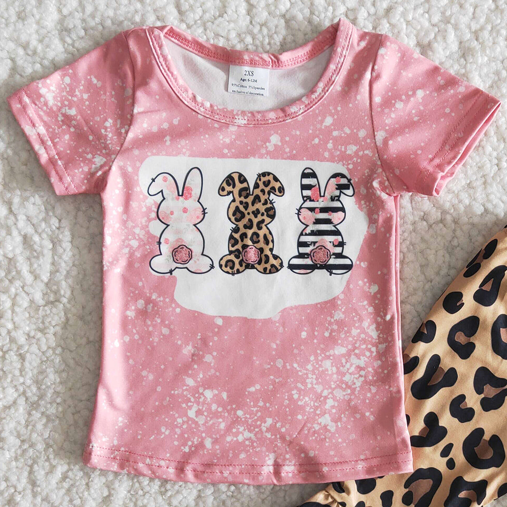 Kids Designer Clothes Girls Boutique Outfits Rabbit Print Easter Baby Girls Clothes Fashion Pink Leopard Girls Clothing Set