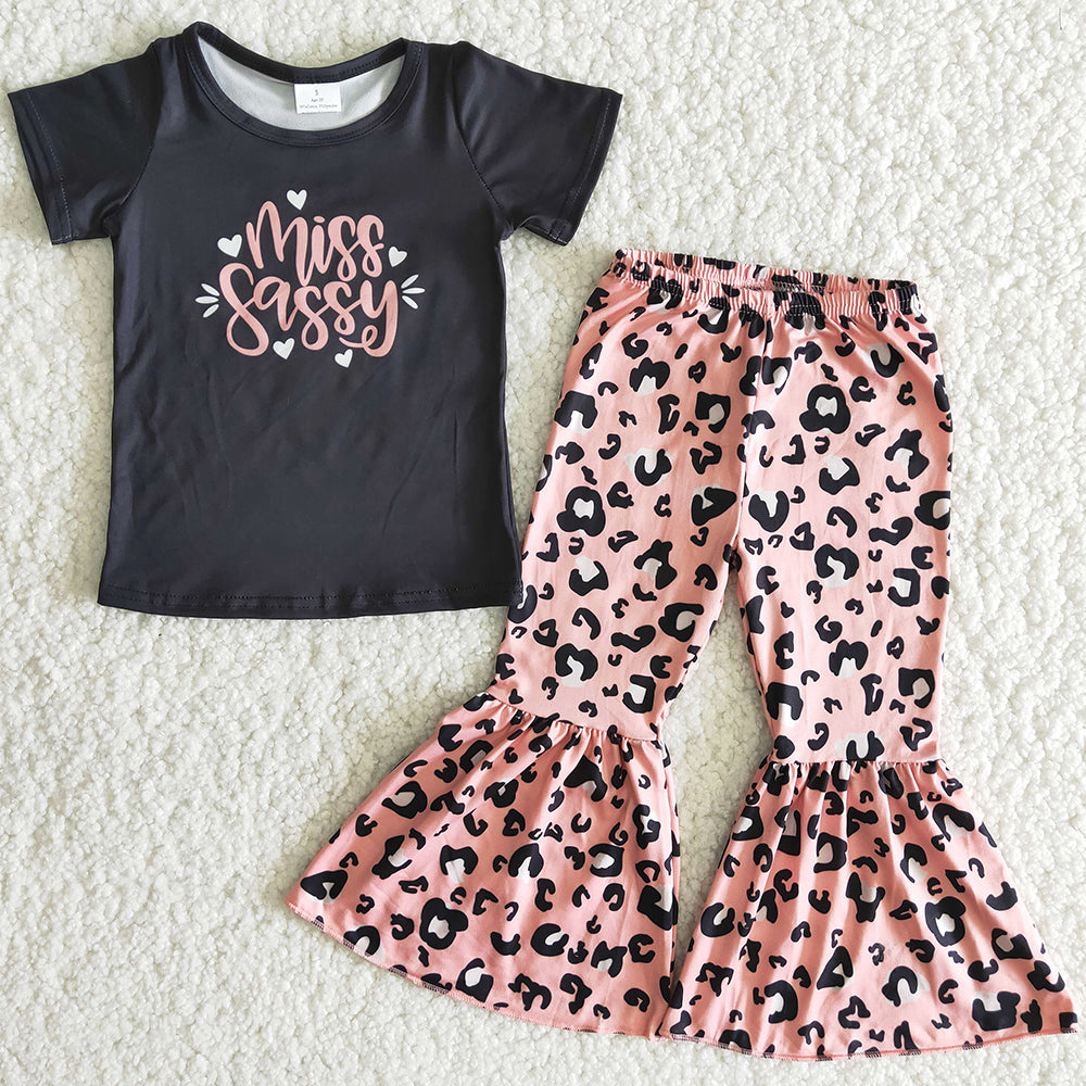 New Fashion Toddler Girls Clothes Boutique Baby Girls Clothing Leopard Bell Bottom Outfits Wholesale Children Clothes B14-14