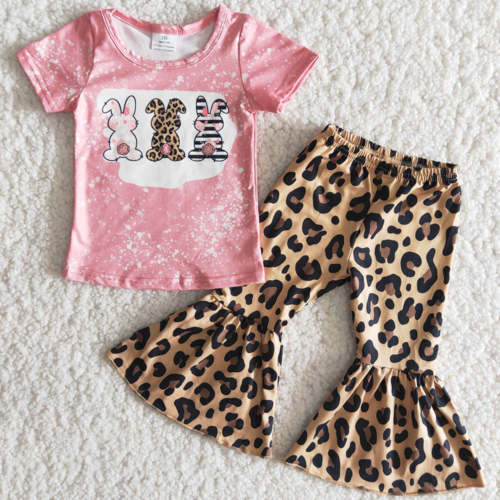 Kids Designer Clothes Girls Boutique Outfits Rabbit Print Easter Baby Girls Clothes Fashion Pink Leopard Girls Clothing Set