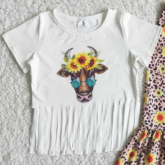 Fashion Girls Clothing Cow Print Tassel Top Baby Girls Clothes Sunflower Bell Bottom Outfits C4-2