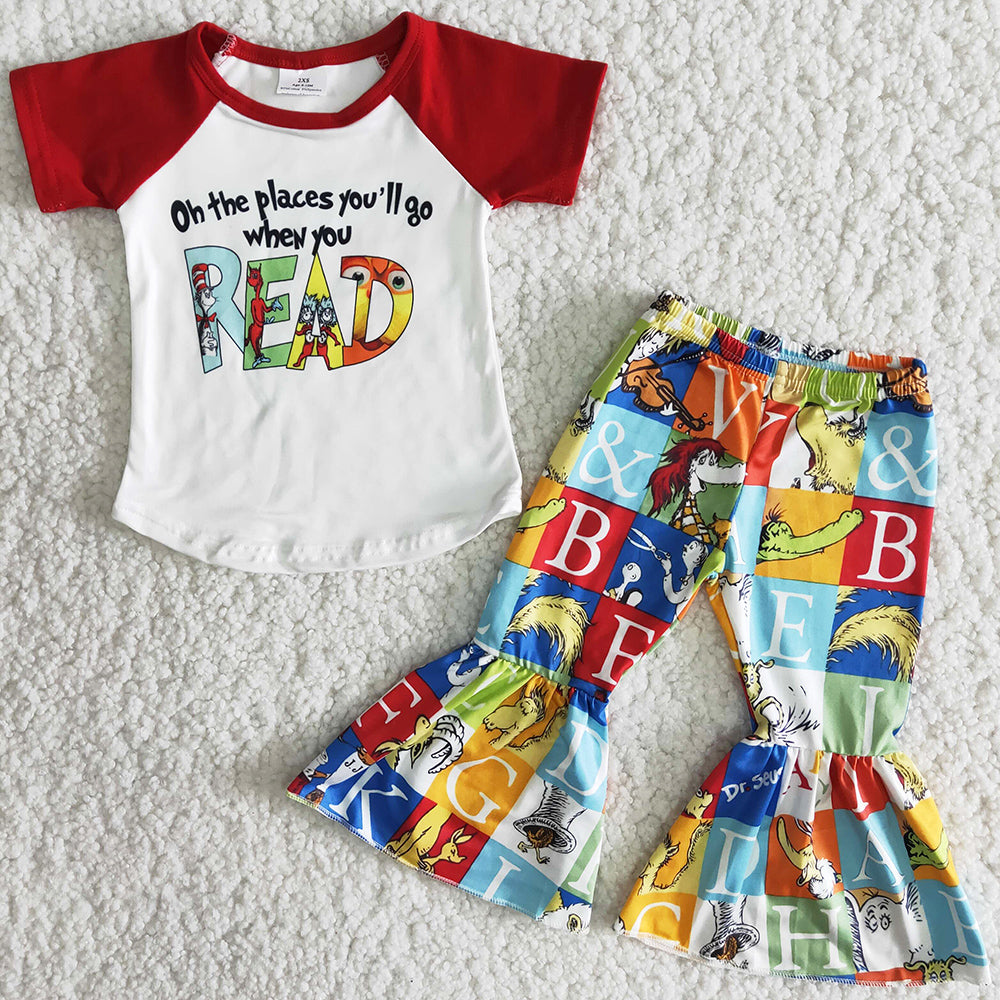 RTS Baby Girls Clothes Boutique Kids Clothing Sets Cartoon Print Fashion Girls Clothing Bell Bottom Pants Toddler Baby Outfits B17-16