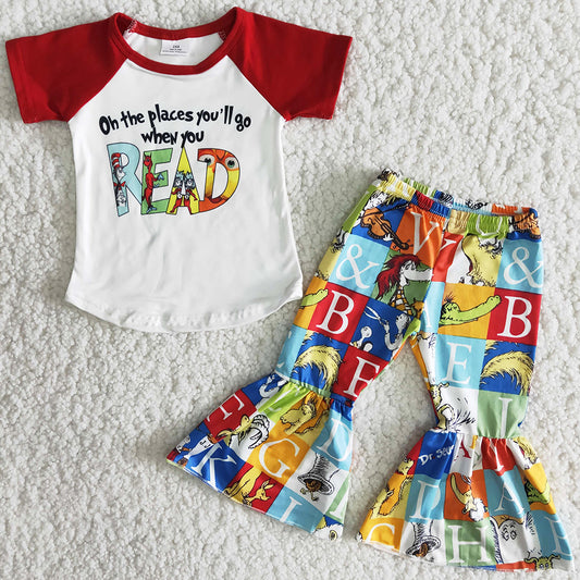 RTS Baby Girls Clothes Boutique Kids Clothing Sets Cartoon Print Fashion Girls Clothing Bell Bottom Pants Toddler Baby Outfits B17-16