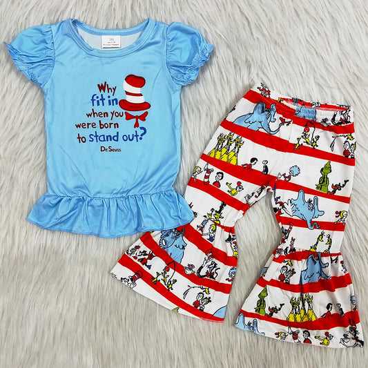 Kids Designer Clothes Girls Bell Bottomn Outfits Cartoon Print Fashion Baby Girl Clothes Short Sleeve Spring Girls Sets A14-22