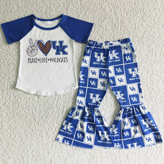 Hot Sale Baby Girl Clothes Short Sleeve Bell Bottom Outfits Blue Kids Clothes Girls Outfits GSPO0028