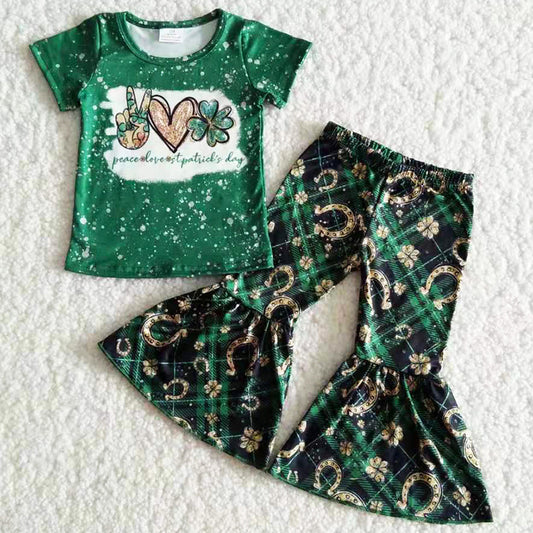 Hot Design Baby Girls Clothes Peace Love St. Patrick Day Boutique Kids Clothes Fashion Toddler Girl Clothes Bell Sets B17-11