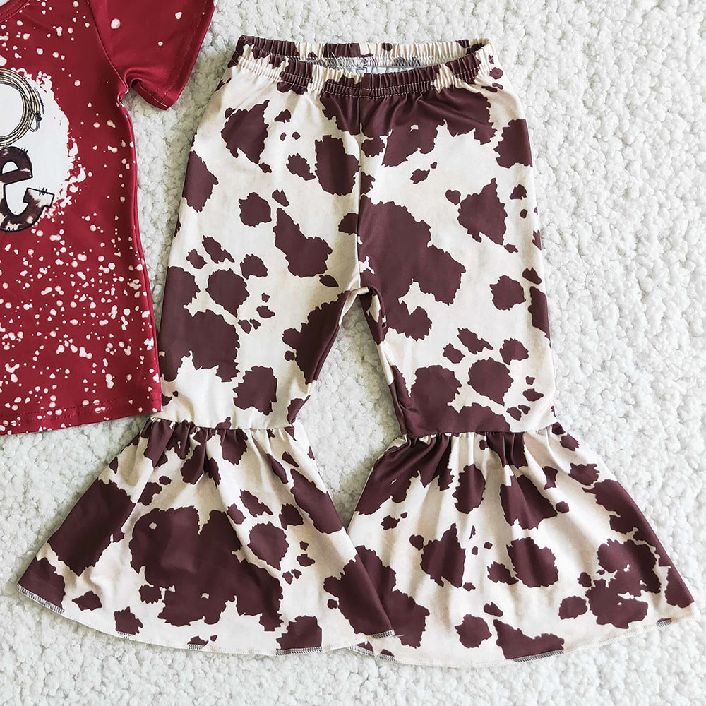 Wholesale Baby Girl Clothes Love Cow Print Fashion Girls Clothing Short Sleeve Bell Bottom Pants Hot Sale Children Outfits E2-3