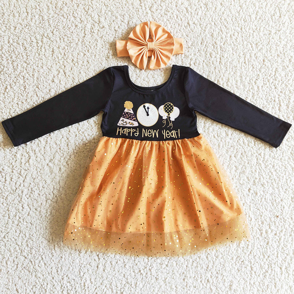 Boutique Girls Dress with Bow for Happy New Year GLD0138