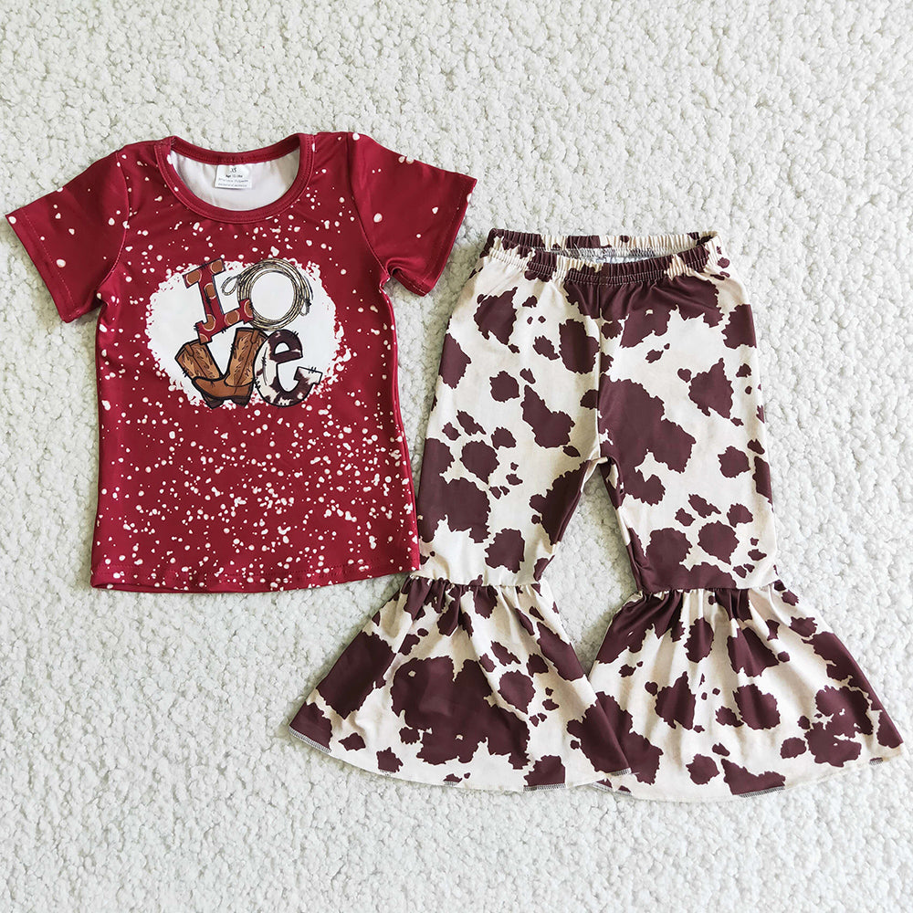 Wholesale Baby Girl Clothes Love Cow Print Fashion Girls Clothing Short Sleeve Bell Bottom Pants Hot Sale Children Outfits E2-3