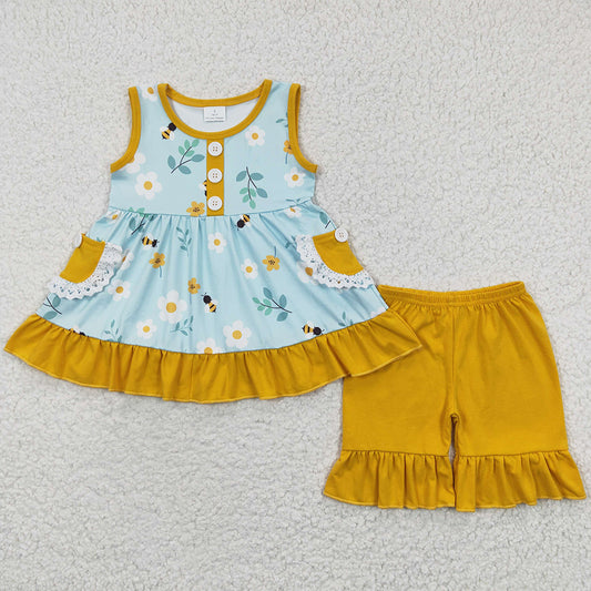 Baby Girls Clothes Summer Bee Flowers Pearl Tunic Ruffle Shorts Sets GSSO0242