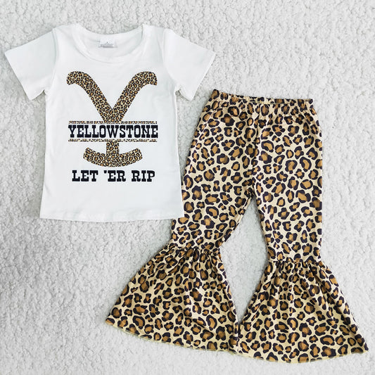 Hot Sale Baby Girls Clothes Short Sleeve Bell Bottom Pants Leopard Fashion Toddler Girls Clothes Wholesale Kids Sets E7-26