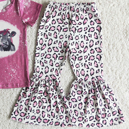 Kids Designer Clothes Girls Bell Sets Cute Heifer Toddler Baby Girls Clothes Short Sleeve Top Bell Bottom Pants C3-24