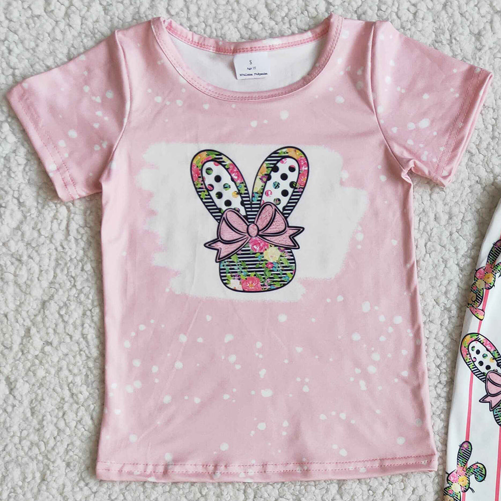 Wholesale Baby Girls Clothes Easter Cute Kids Girls Clothing Outfit Bunny Print Bleached Short Sleeve Tee Bell Bottom Pants Sets