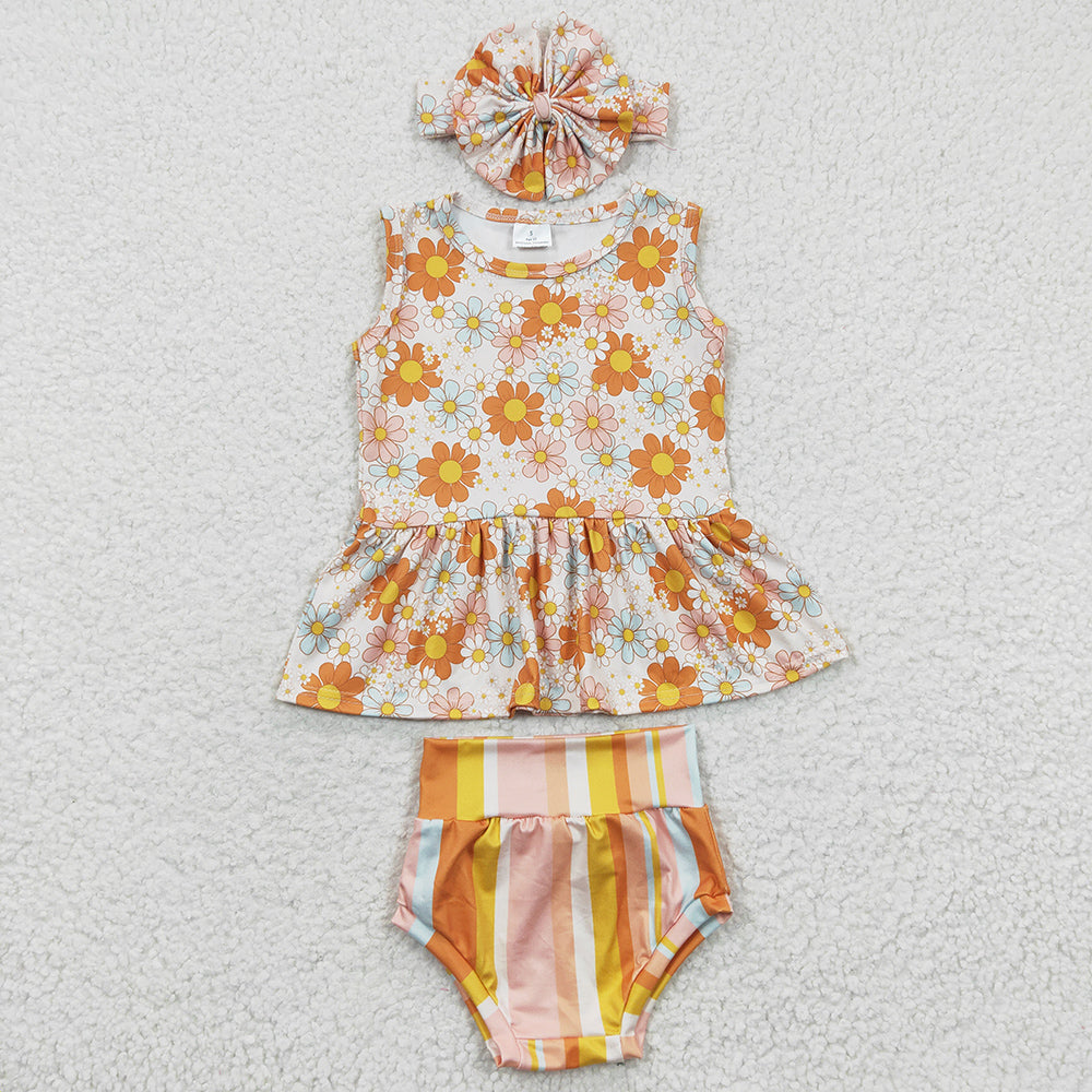 Baby Girl Clothes Bummies Shorts Flowers Print Stripe Bummie Sets GBO0106