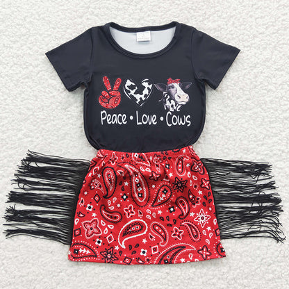 Baby Girls Clothes Peace Love Cows Tassel Skirts Clothes Sets GSD0302