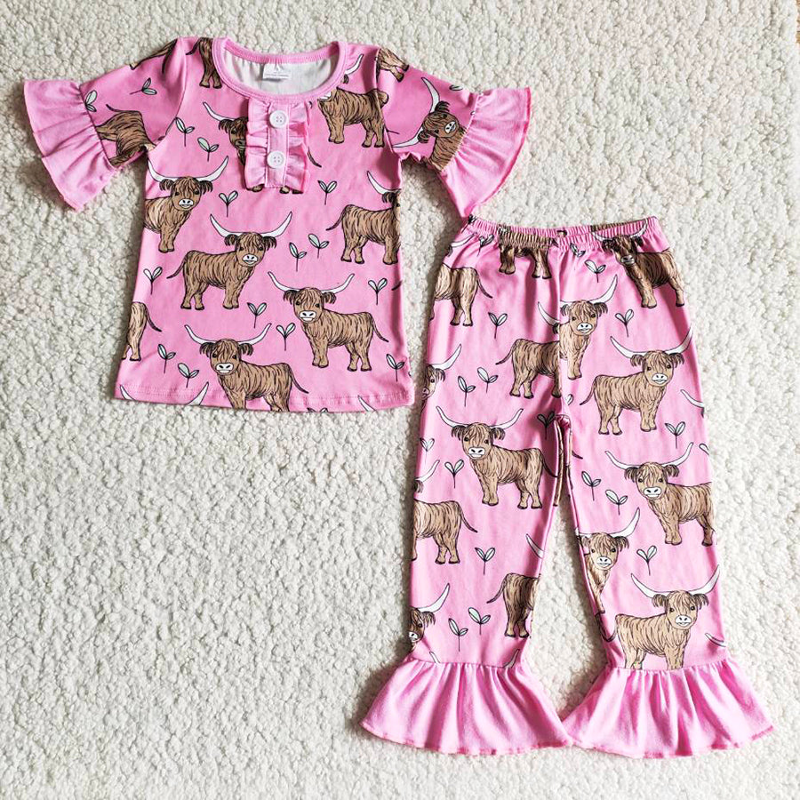 Hot Sale Kids Clothes Girls Pajamas Cow Printed Cute Girls Pajamas Set Short Sleeve Pants Sleepwear B7-25