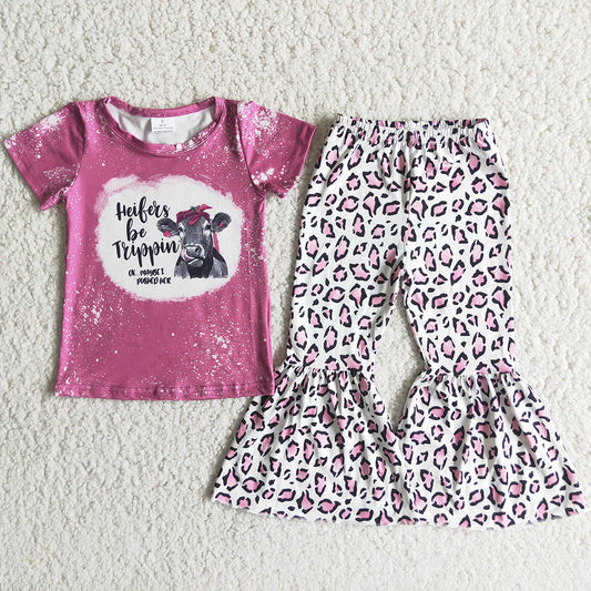 Kids Designer Clothes Girls Bell Sets Cute Heifer Toddler Baby Girls Clothes Short Sleeve Top Bell Bottom Pants C3-24