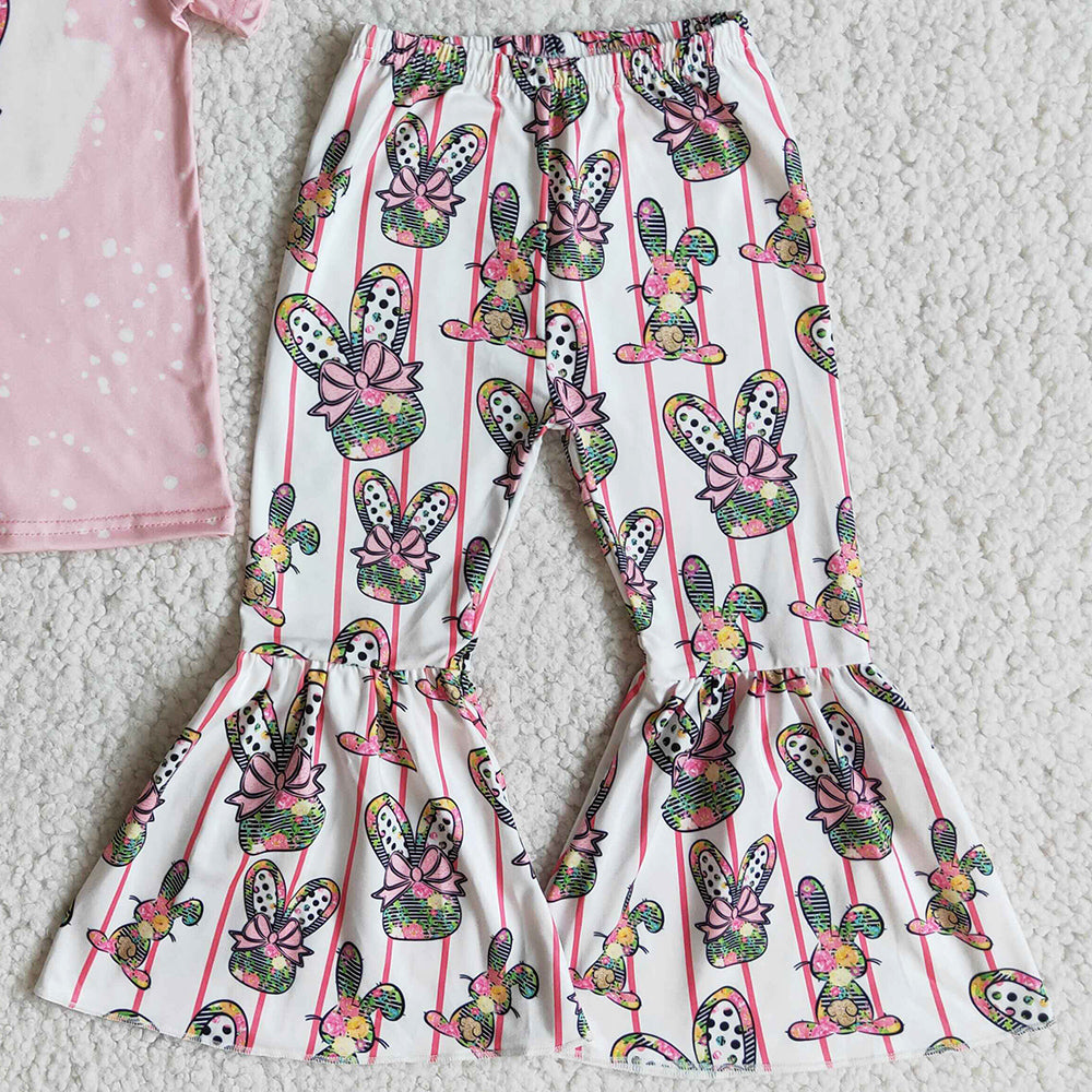 Wholesale Baby Girls Clothes Easter Cute Kids Girls Clothing Outfit Bunny Print Bleached Short Sleeve Tee Bell Bottom Pants Sets